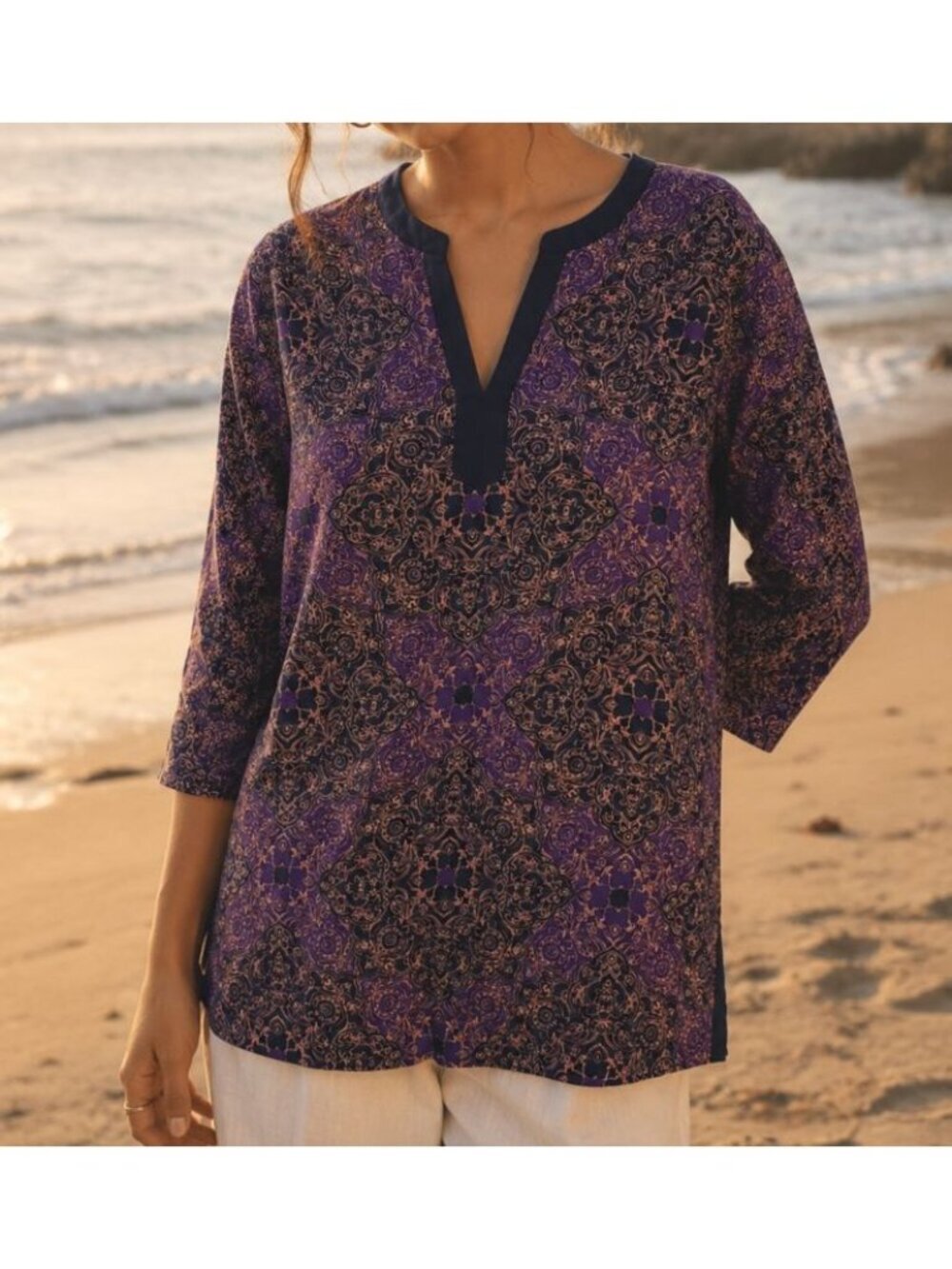 J McLaughlin Catalina Cloth Tunic Blouse Top-Purple Dark Blue 3/4 Sleeves Size M